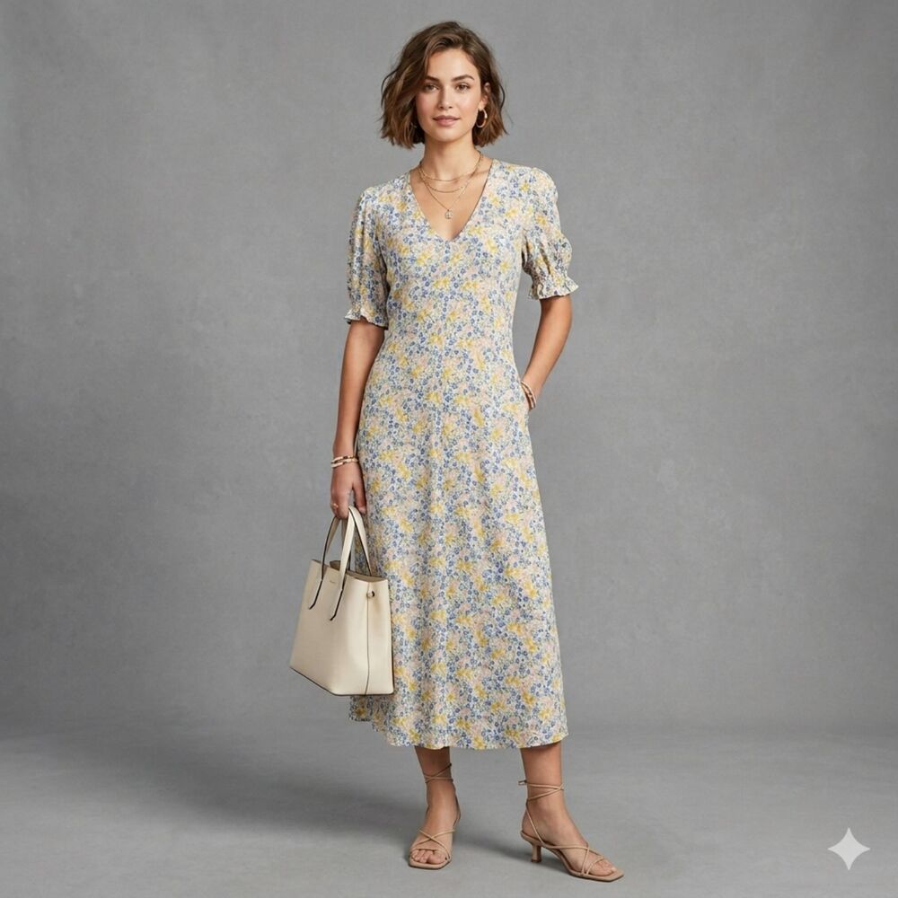 MNG Floral Maxi Dress Women's Size 4 Yellow Blue V-Neck